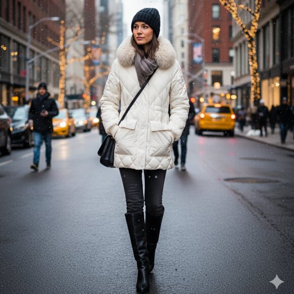 Theory White Puffer Jacket with Lamb Fur Collar - Picture 1 of 10